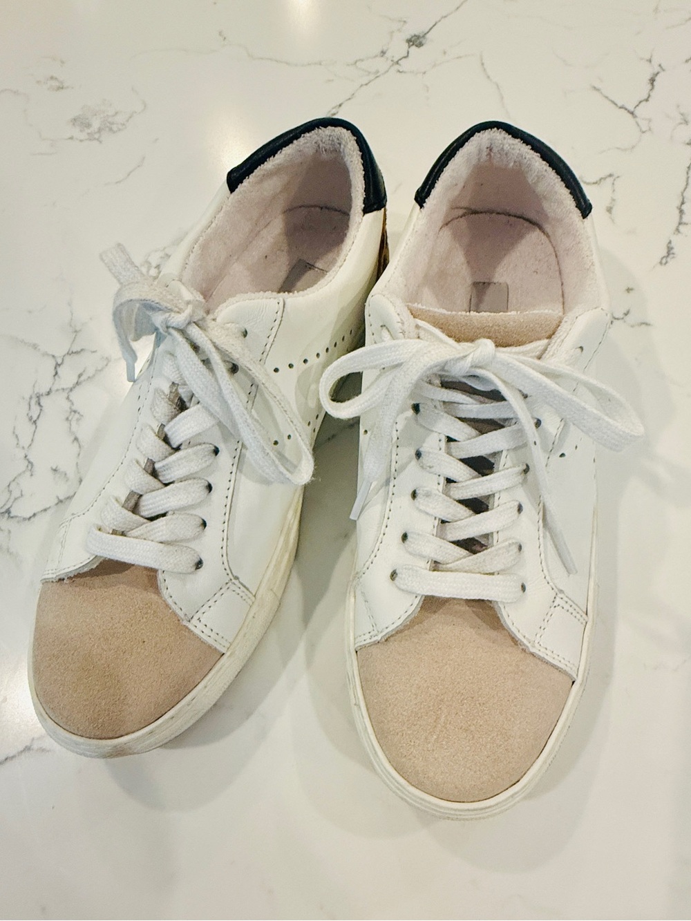 Steven NY White Leather Casual Sneakers-Beige Suede Toe and leopard heel